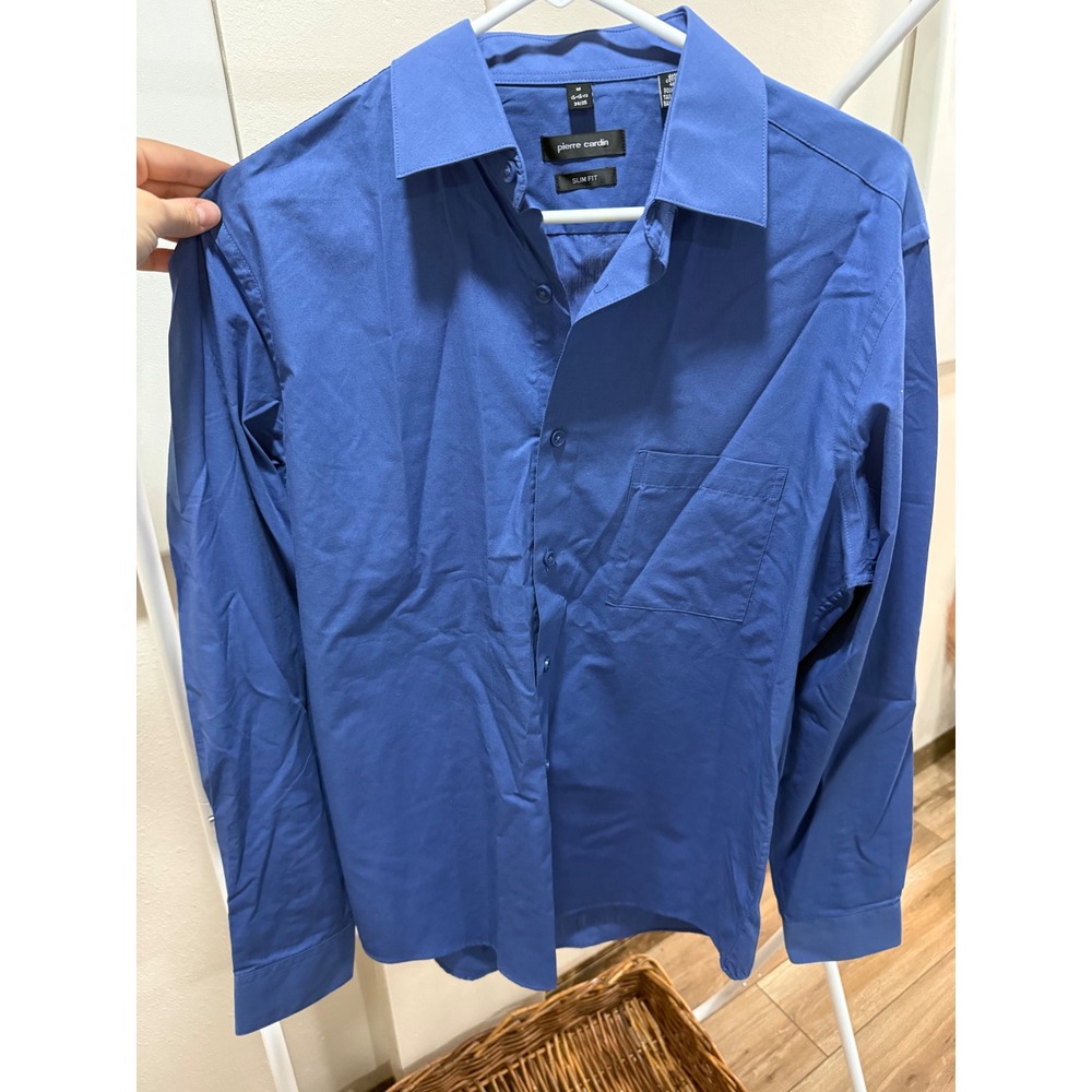 Pierre Cardin Mens Slim Fit Long Sleeve‎ Button Down Dress Shirt Blue M 15-15.5